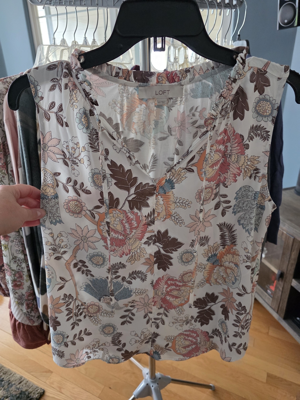 LOFT Mixed Media Sleeveless V-Neck Top in Ivory with Multi-Color Floral Print